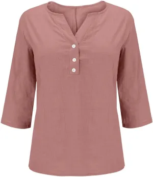 Summer Cotton Linen Shirts for Women 2025 Fashion Solid Color V Neck 3/4 Sleeve Tops Plus Size Casual Loose Blouses