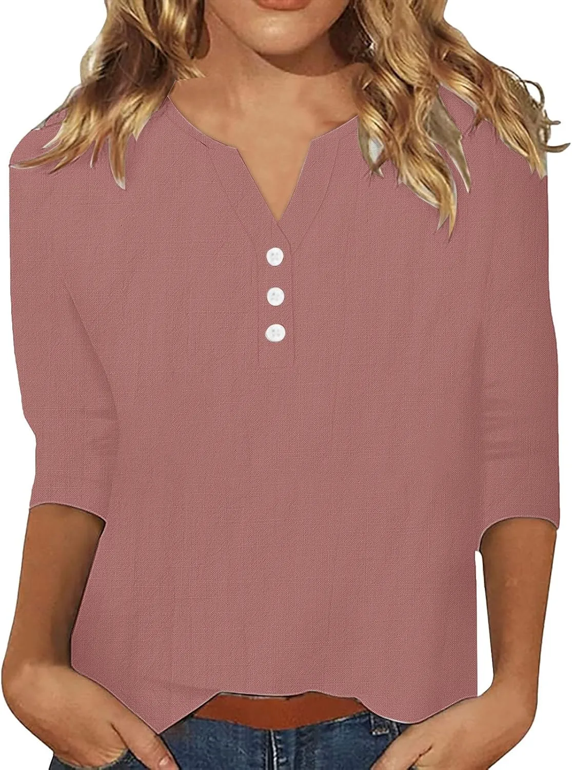 Summer Cotton Linen Shirts for Women 2025 Fashion Solid Color V Neck 3/4 Sleeve Tops Plus Size Casual Loose Blouses