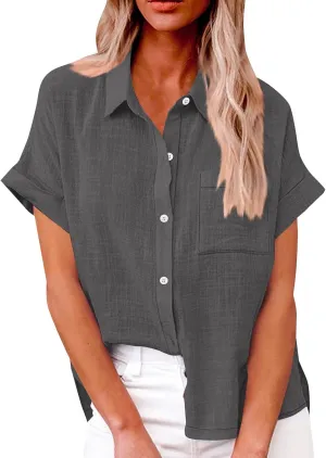 Summer Cute Tops Trendy Button Down Shirts for Women Linen Short Sleeve Tops V Neck Floral Print Active Blouses Spring