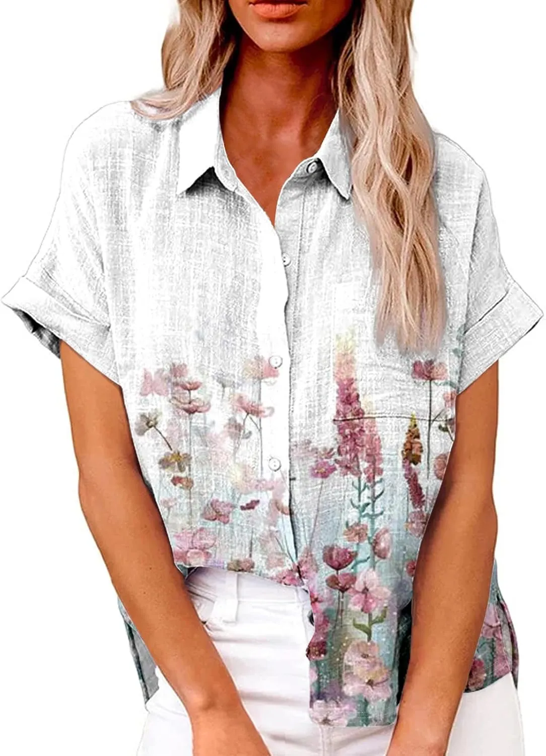 Summer Cute Tops Trendy Button Down Shirts for Women Linen Short Sleeve Tops V Neck Floral Print Active Blouses Spring