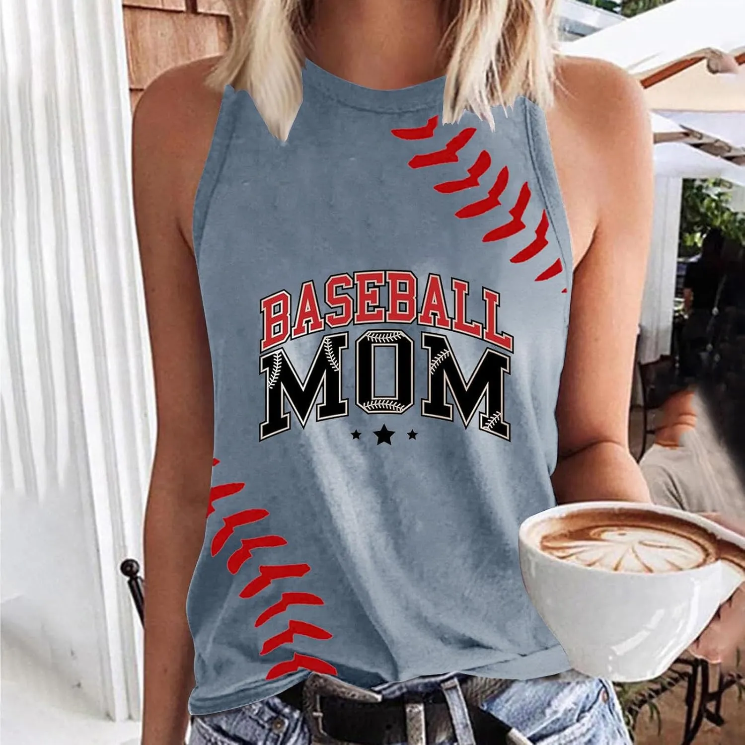Summer Game Day Tank Tops Women Funny Baseball Mom Print Sleeveless Crewneck T-Shirts Casual Comfy Tanks Tee Shirt