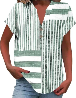 Summer Linen Shirts for Women V Neck Button Down Shirt Casual Loose Fit Tops Floral Print Short Sleeve Blouses 2025