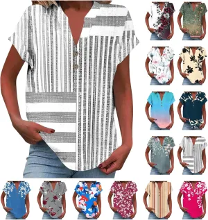 Summer Linen Shirts for Women V Neck Button Down Shirt Casual Loose Fit Tops Floral Print Short Sleeve Blouses 2025