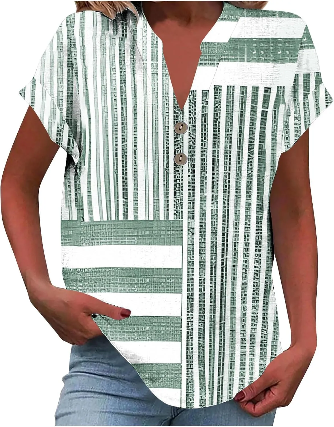 Summer Linen Shirts for Women V Neck Button Down Shirt Casual Loose Fit Tops Floral Print Short Sleeve Blouses 2025