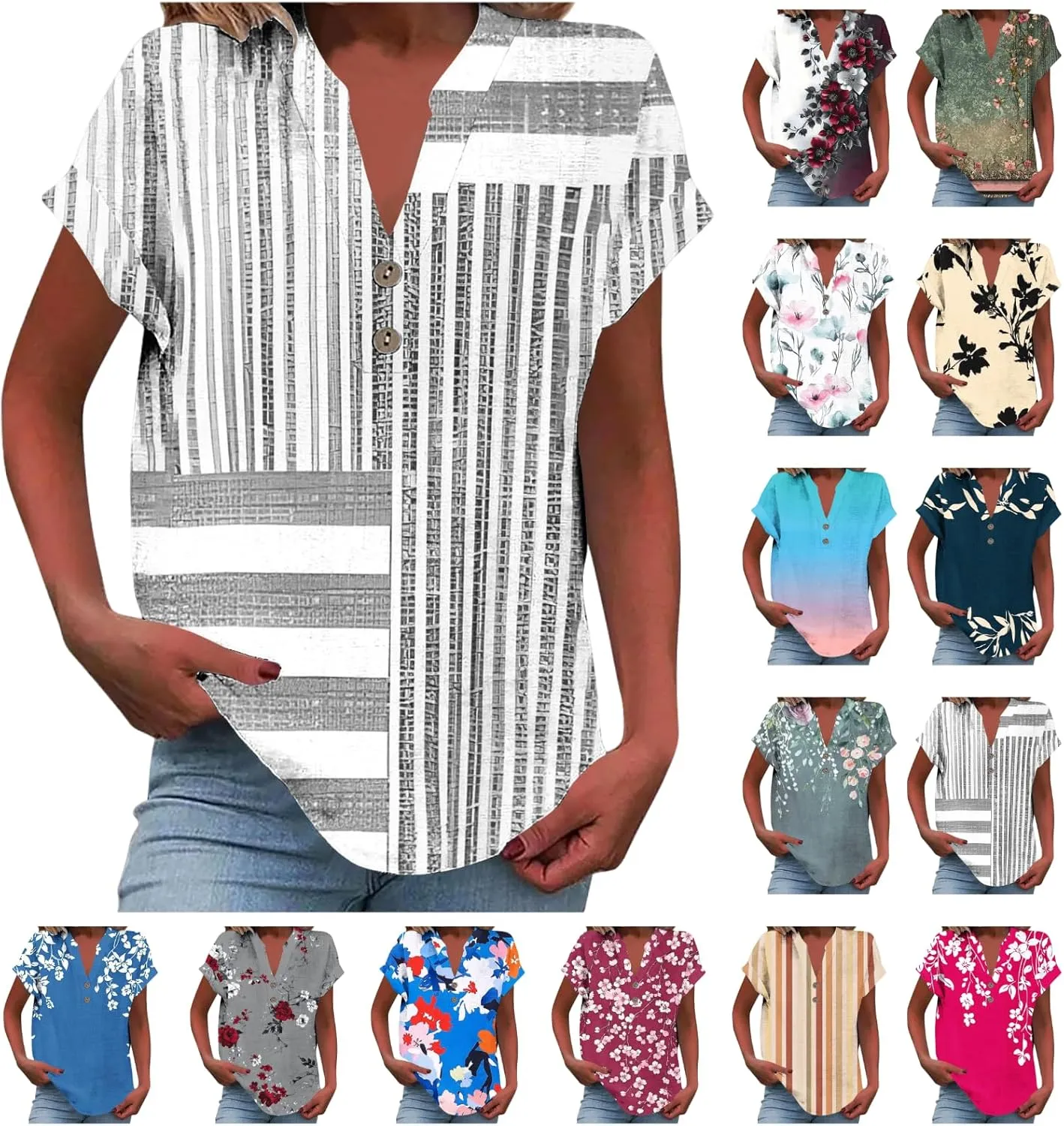 Summer Linen Shirts for Women V Neck Button Down Shirt Casual Loose Fit Tops Floral Print Short Sleeve Blouses 2025