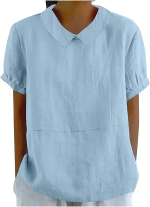 Summer Linen Shirts Women 2025 Casual Plus Size Beach Short Sleeve T Shirts Crewneck Blouses Trendy Loose Gauze Shirt