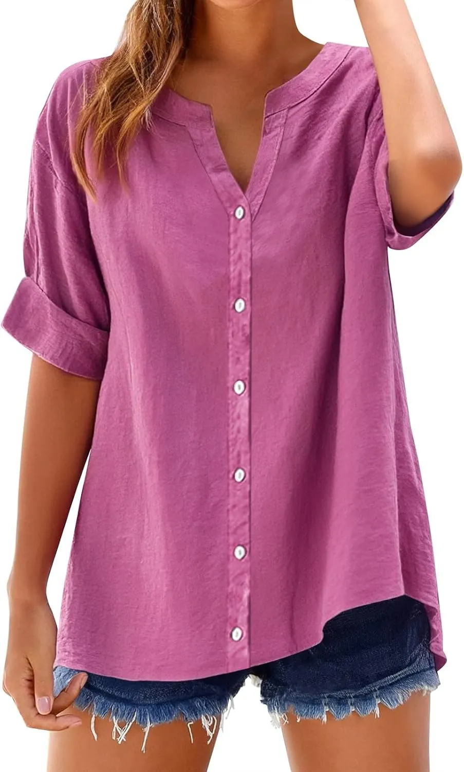 Summer Linen Tops for Women 2025 Trendy Plus Size Button Down Cotton Shirt Short Sleeve V Neck Boho Clothes Outfits