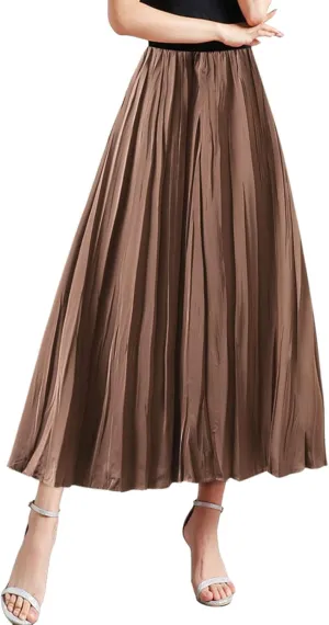 Summer Pleated Midi Skirts for Women Casual High Waisted Solid Color Flowy A Line Swing Long Skirt