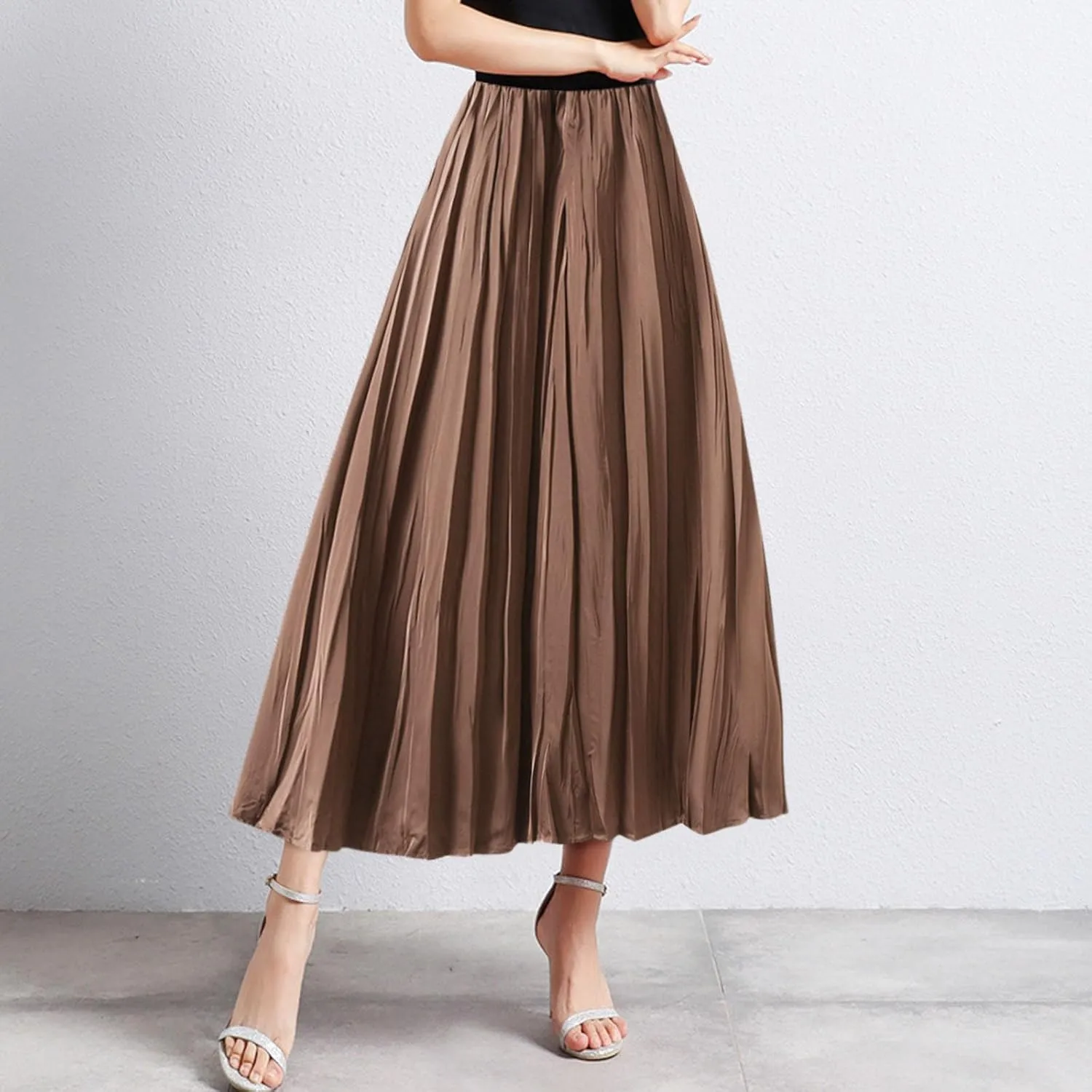 Summer Pleated Midi Skirts for Women Casual High Waisted Solid Color Flowy A Line Swing Long Skirt