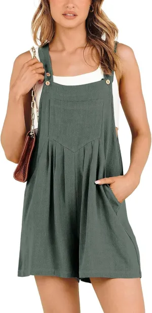 Summer Rompers for Women 2025 Plus Size Linen Overall Shorts Shortalls Adjustable Straps Smocked Short Bib Overalls Jumpsuits