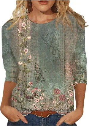 Summer Shirts for Women 3/4 Length Sleeve Crewneck Tops Trendy Loose Casual Printed Three Quarter Cute Blouse