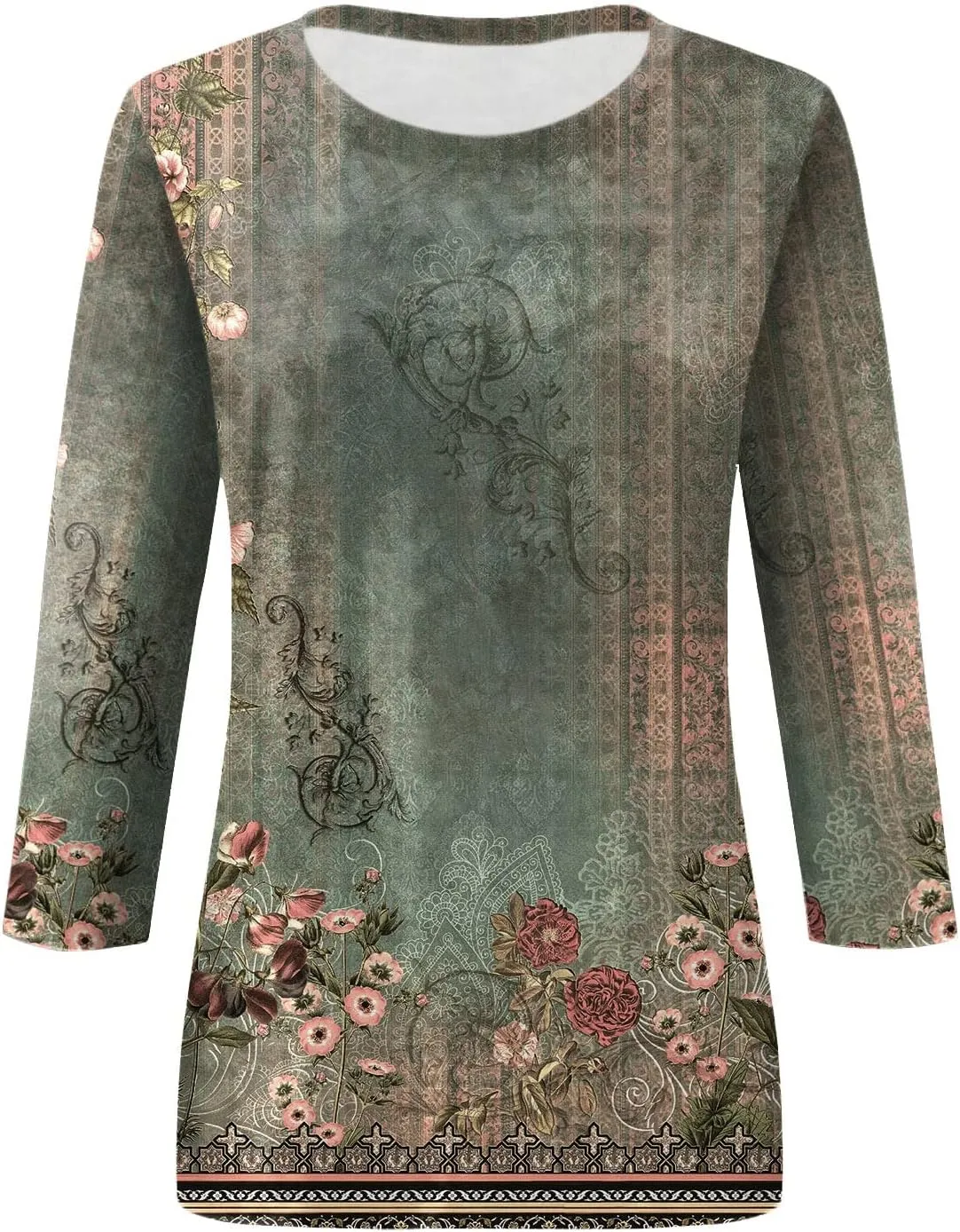 Summer Shirts for Women 3/4 Length Sleeve Crewneck Tops Trendy Loose Casual Printed Three Quarter Cute Blouse