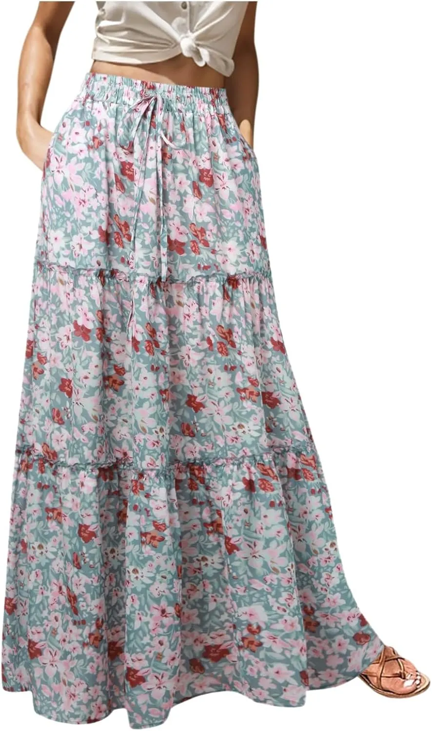 Summer Skirts for Women 2025 Vacation Trendy High Elastic Waist Bohemian Floral Print Loose Pleated Boha Maxi Skirts