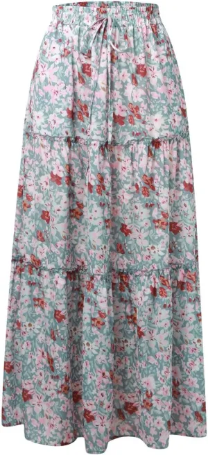 Summer Skirts for Women 2025 Vacation Trendy High Elastic Waist Bohemian Floral Print Loose Pleated Boha Maxi Skirts