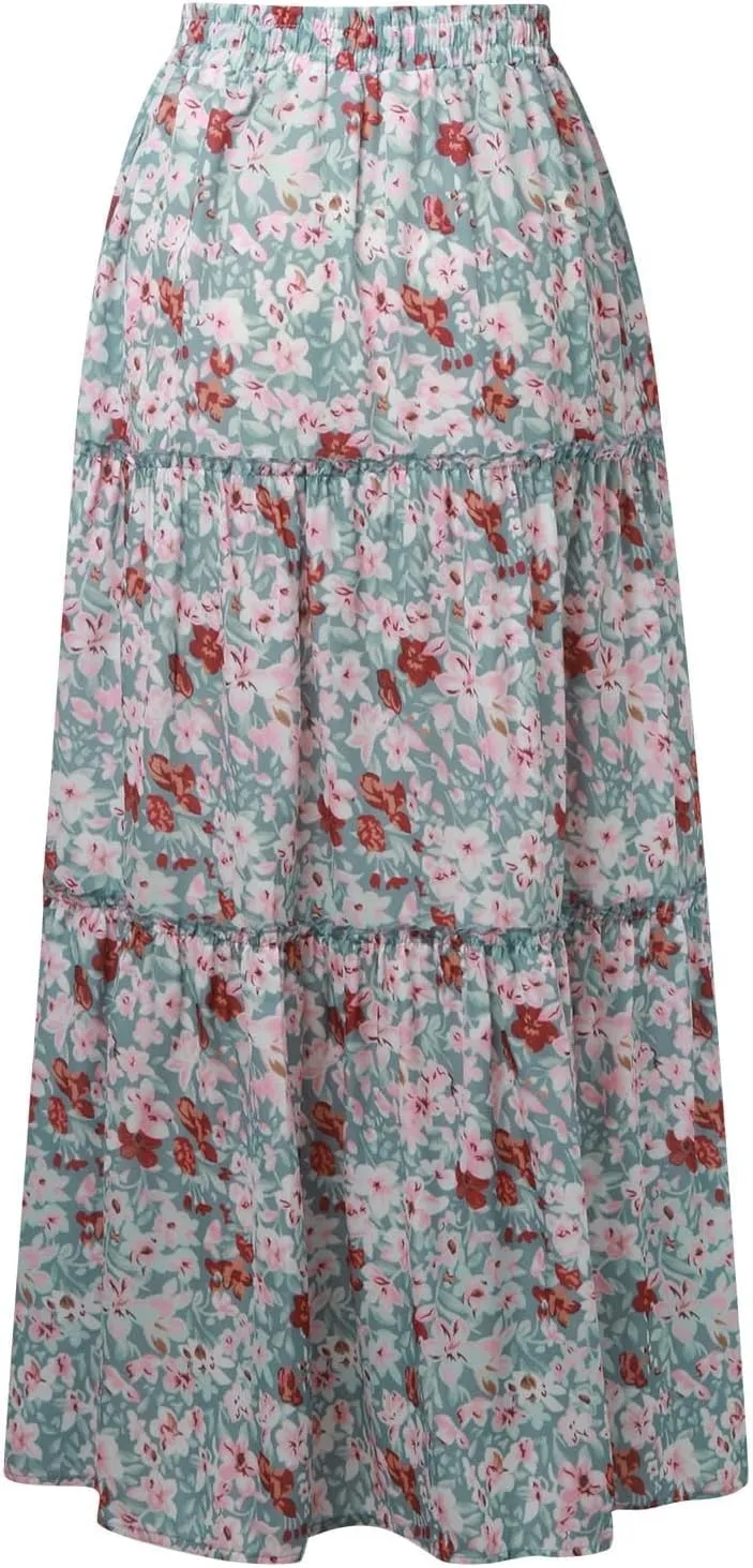 Summer Skirts for Women 2025 Vacation Trendy High Elastic Waist Bohemian Floral Print Loose Pleated Boha Maxi Skirts