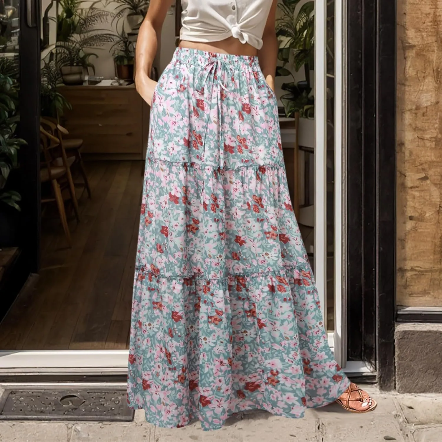 Summer Skirts for Women 2025 Vacation Trendy High Elastic Waist Bohemian Floral Print Loose Pleated Boha Maxi Skirts