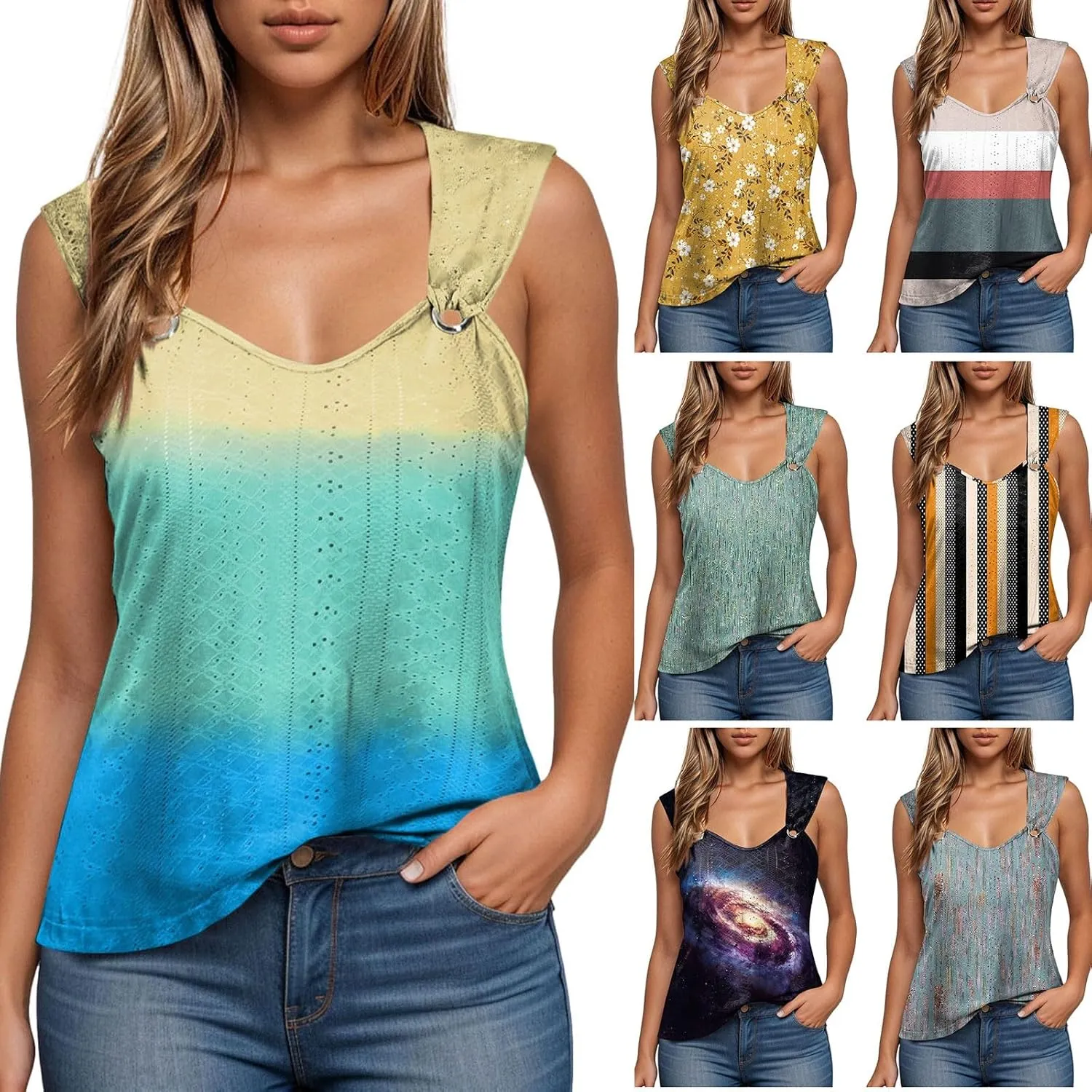 Summer Tank Tops for Women Pleated Square Neck O Ring Shoulder Sleeveless Shirts Casual Loose Fit Trendy Blouses