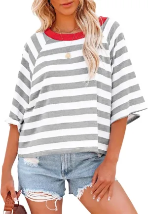 Summer Tops for Women 2024 Trendy Striped Crew Neck Short Sleeve Oversized T Shirts Color Block Casual Basic Tee