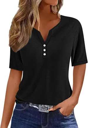 Summer Tops for Women 2025 Button Down Short Sleeve Boho Tops Fashion V Neck Blouse Tees Spring Cotton Tunic Tshirt