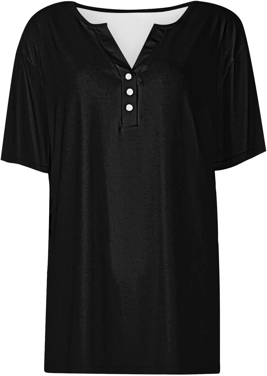 Summer Tops for Women 2025 Button Down Short Sleeve Boho Tops Fashion V Neck Blouse Tees Spring Cotton Tunic Tshirt