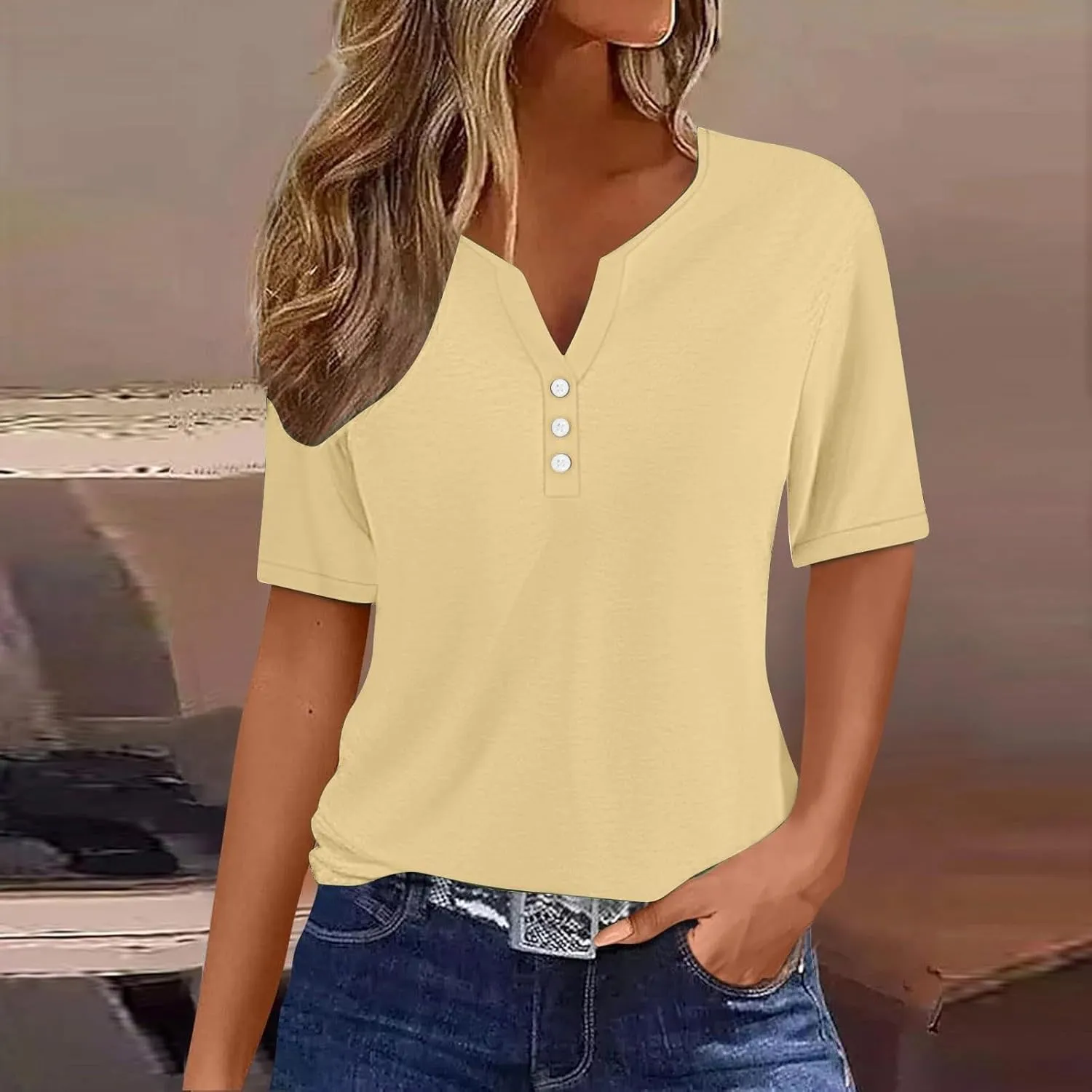 Summer Tops for Women 2025 Button Down Short Sleeve Boho Tops Fashion V Neck Blouse Tees Spring Cotton Tunic Tshirt