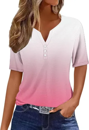 Summer Tops for Women 2025 Button Down Short Sleeve Boho Tops Fashion V Neck Blouse Tees Spring Cotton Tunic Tshirt