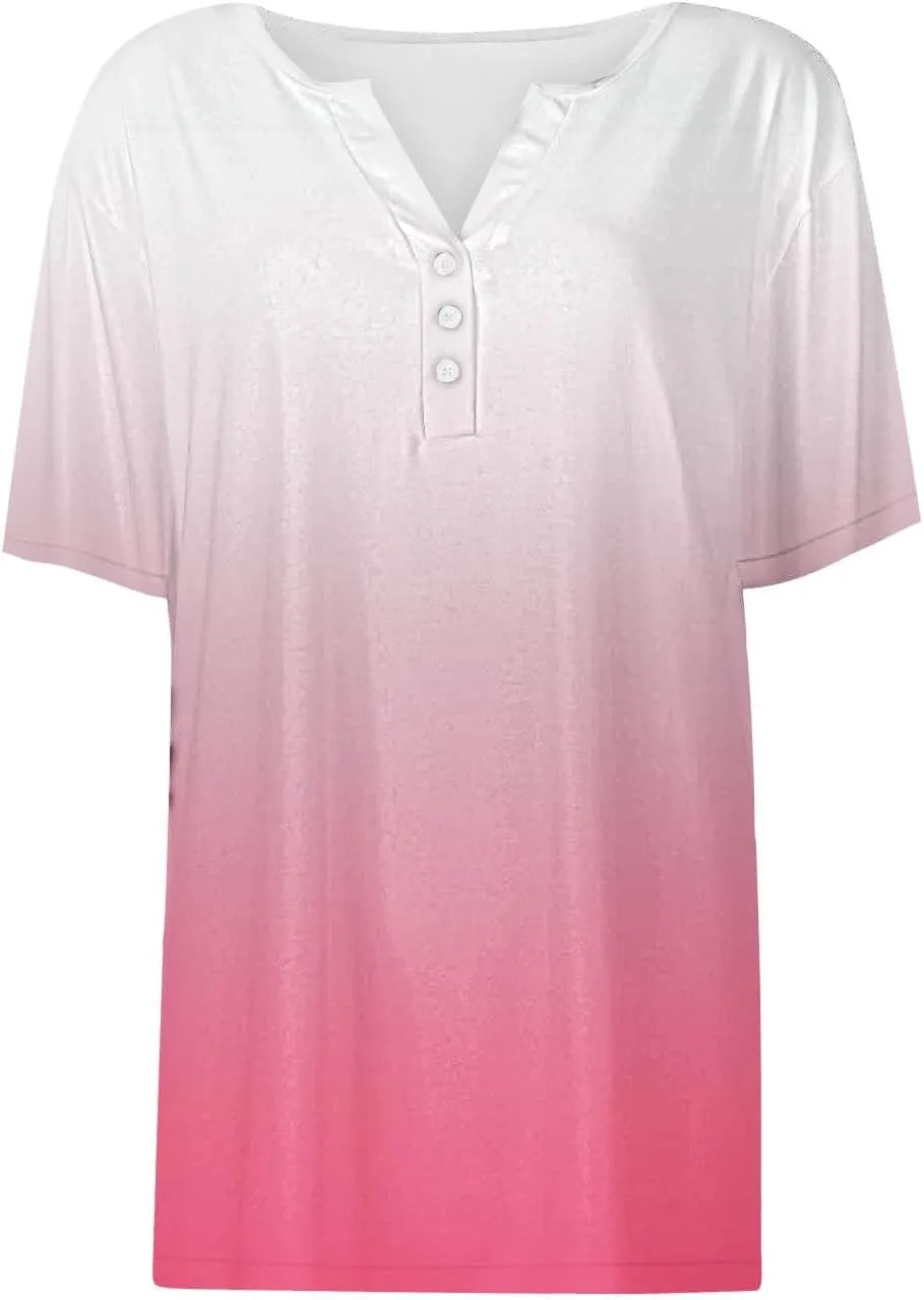 Summer Tops for Women 2025 Button Down Short Sleeve Boho Tops Fashion V Neck Blouse Tees Spring Cotton Tunic Tshirt