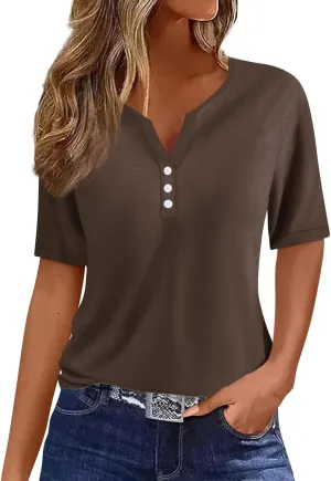 Summer Tops for Women 2025 Button Down Short Sleeve Boho Tops Fashion V Neck Blouse Tees Spring Cotton Tunic Tshirt
