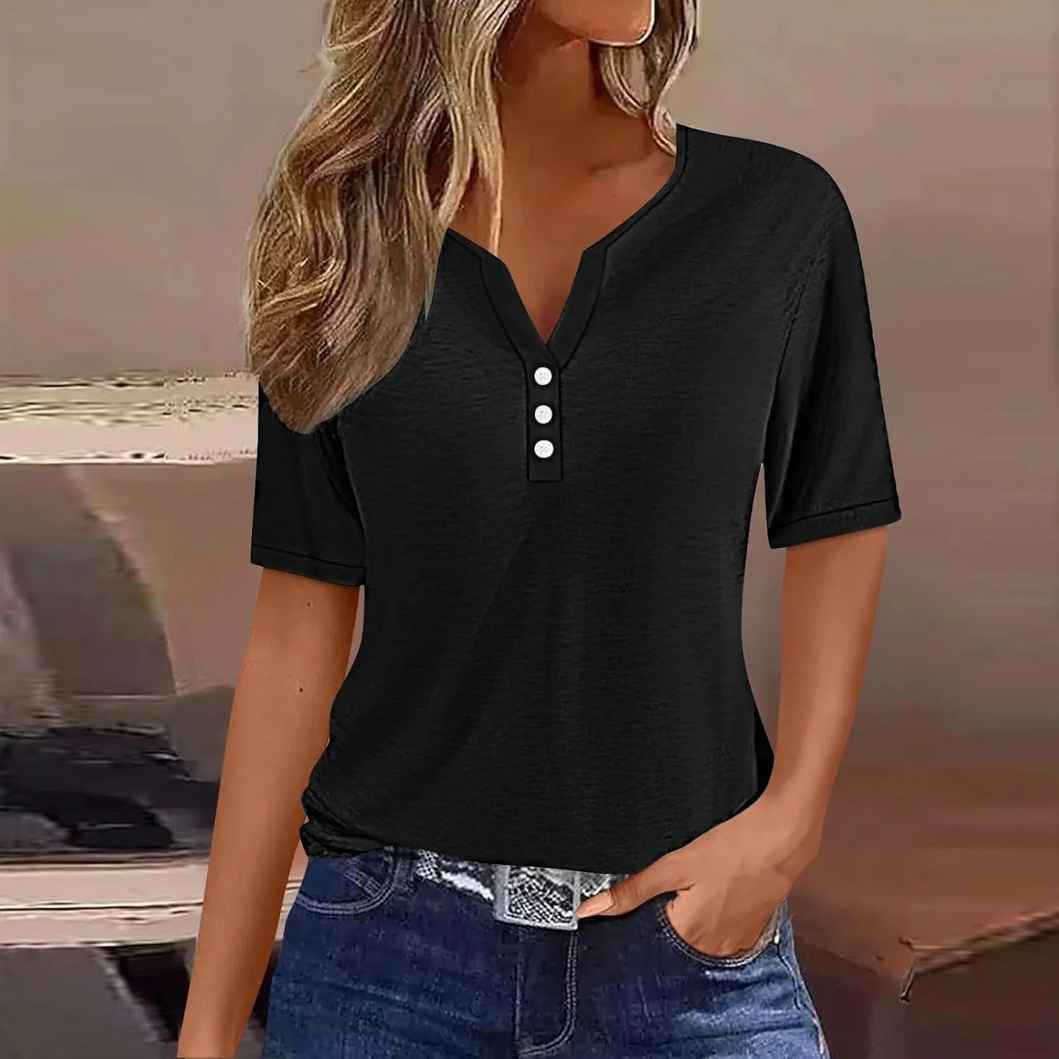 Summer Tops for Women 2025 Button Down Short Sleeve Boho Tops Fashion V Neck Blouse Tees Spring Cotton Tunic Tshirt