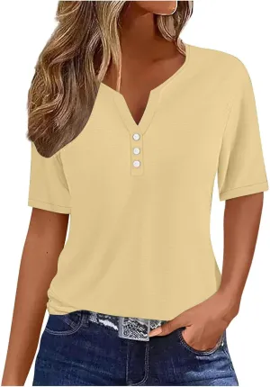 Summer Tops for Women 2025 Button Down Short Sleeve Boho Tops Fashion V Neck Blouse Tees Spring Cotton Tunic Tshirt