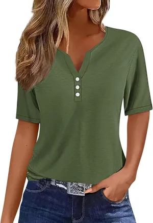 Summer Tops for Women 2025 Button Down Short Sleeve Boho Tops Fashion V Neck Blouse Tees Spring Cotton Tunic Tshirt