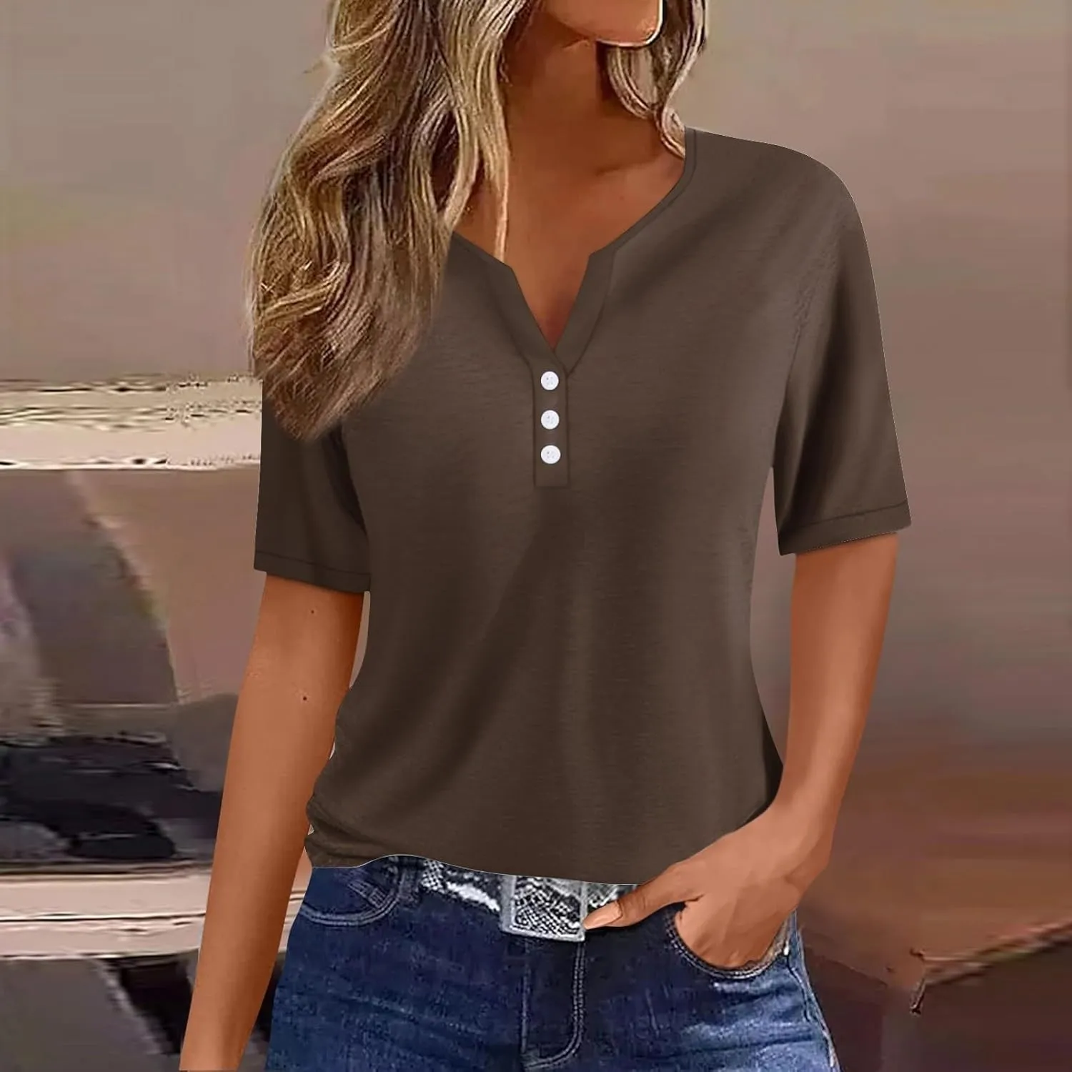 Summer Tops for Women 2025 Button Down Short Sleeve Boho Tops Fashion V Neck Blouse Tees Spring Cotton Tunic Tshirt