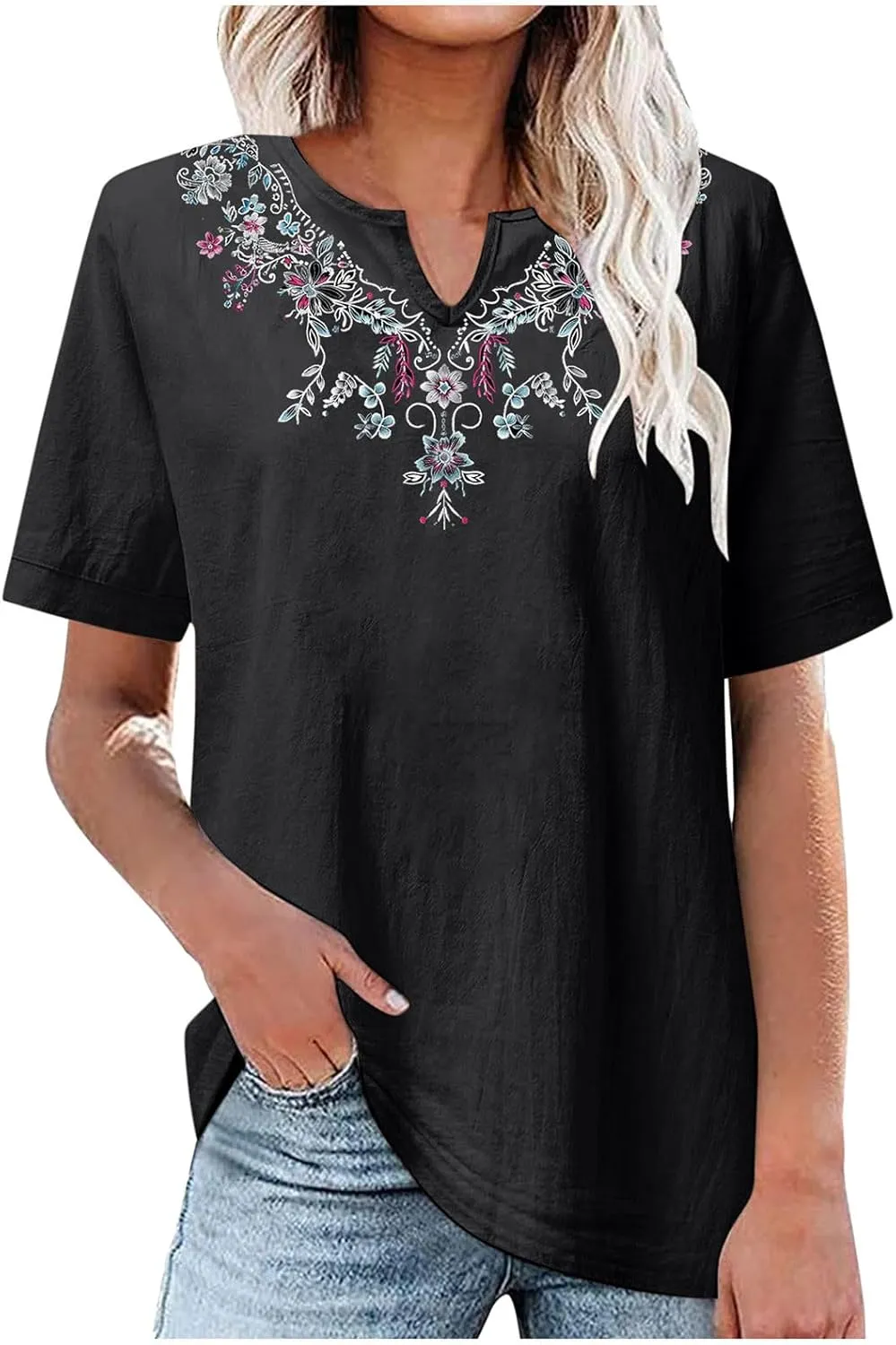 Summer Tops for Women 2025 Casual 3/4 Sleeve Button Down Cotton Linen Shirts Boho Trendy V-Neck Tunic Blouses Clothes
