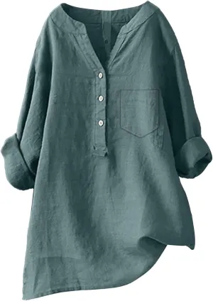 Summer Tops for Women 2025 Casual Cotton Linen Shirts Long Sleeve Solid Color Blouses Loose Work Tops with Pocket