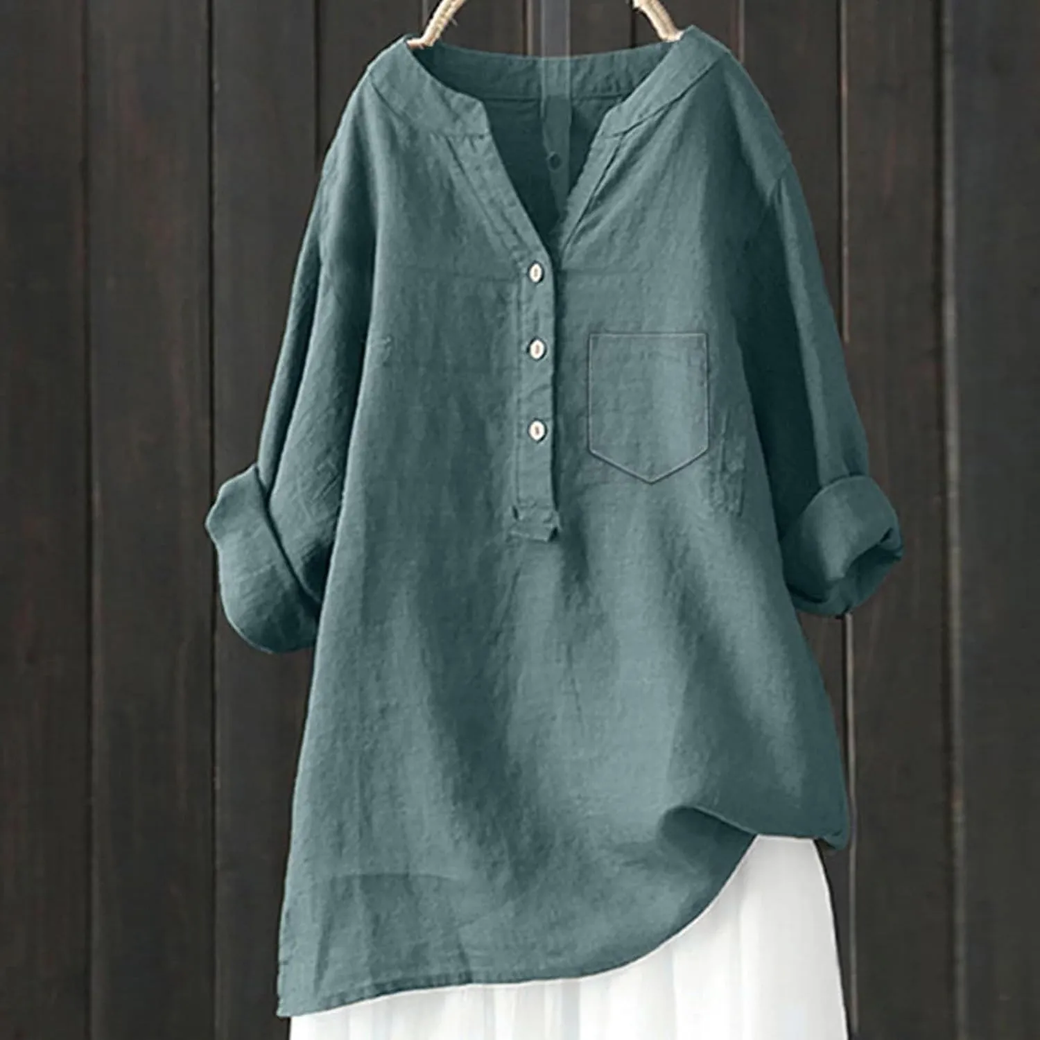 Summer Tops for Women 2025 Casual Cotton Linen Shirts Long Sleeve Solid Color Blouses Loose Work Tops with Pocket