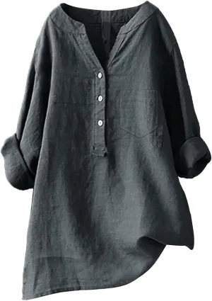 Summer Tops for Women 2025 Casual Cotton Linen Shirts Long Sleeve Solid Color Blouses Loose Work Tops with Pocket