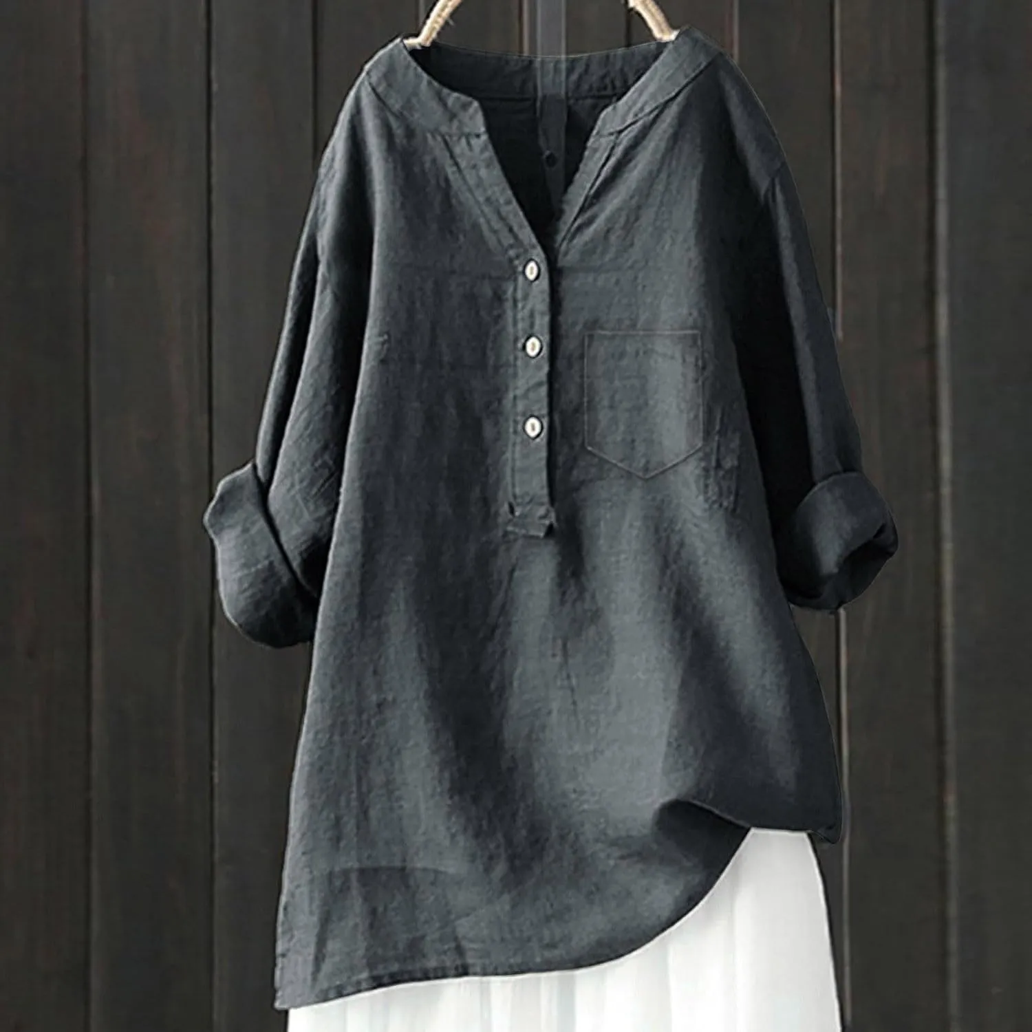 Summer Tops for Women 2025 Casual Cotton Linen Shirts Long Sleeve Solid Color Blouses Loose Work Tops with Pocket