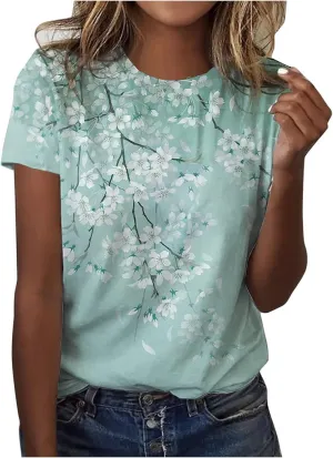 Summer Tops for Women 2025 Cute Floral Graphic Tee Shirt Dressy Round Neck Short Sleeve Tunic Pullover Petite Ladies Blouses