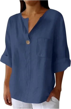 Summer Tops for Women 2025 Short Sleeve Cotton Linen Tops Button Down V Neck T Shirt Casual Loose Fit Tunic Top Blouse