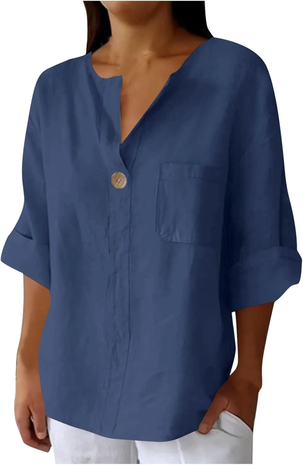 Summer Tops for Women 2025 Short Sleeve Cotton Linen Tops Button Down V Neck T Shirt Casual Loose Fit Tunic Top Blouse
