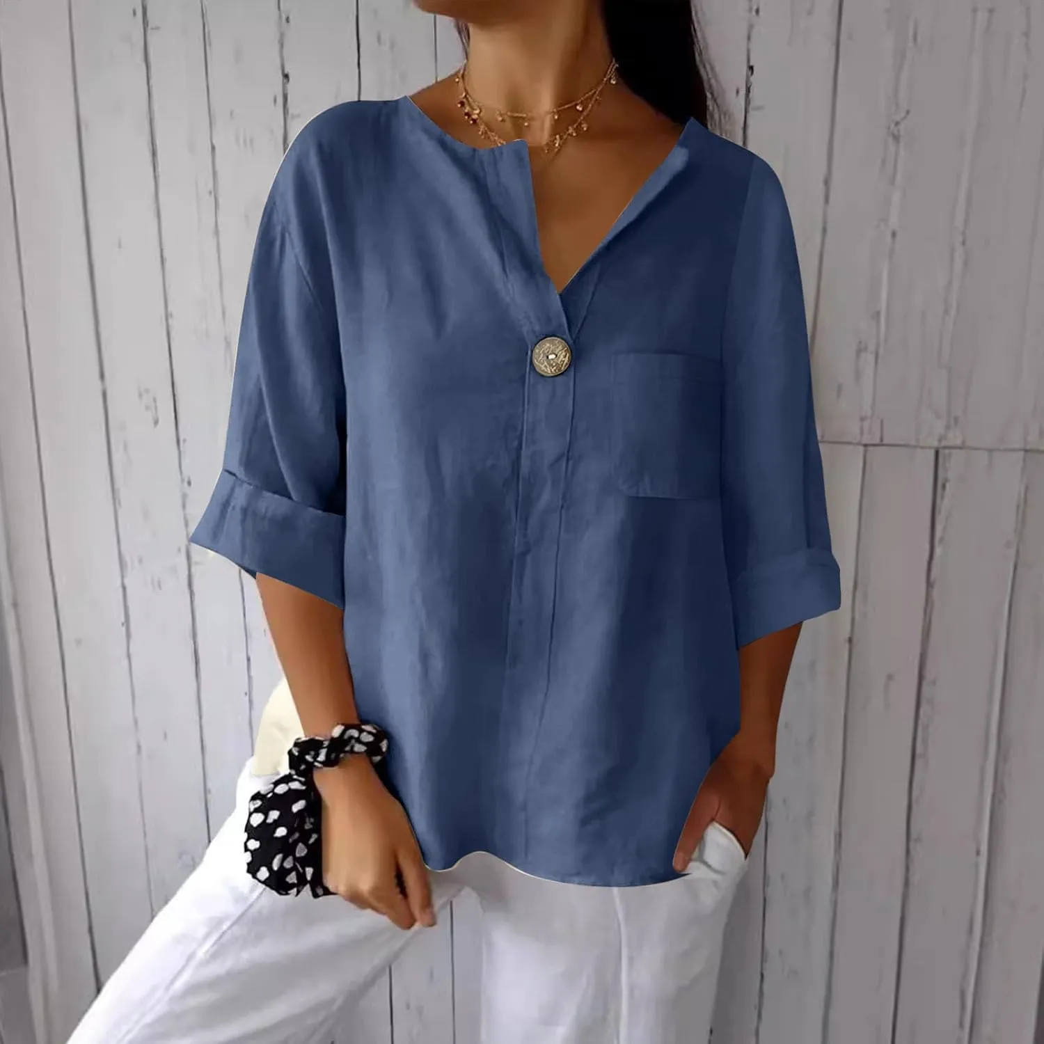 Summer Tops for Women 2025 Short Sleeve Cotton Linen Tops Button Down V Neck T Shirt Casual Loose Fit Tunic Top Blouse