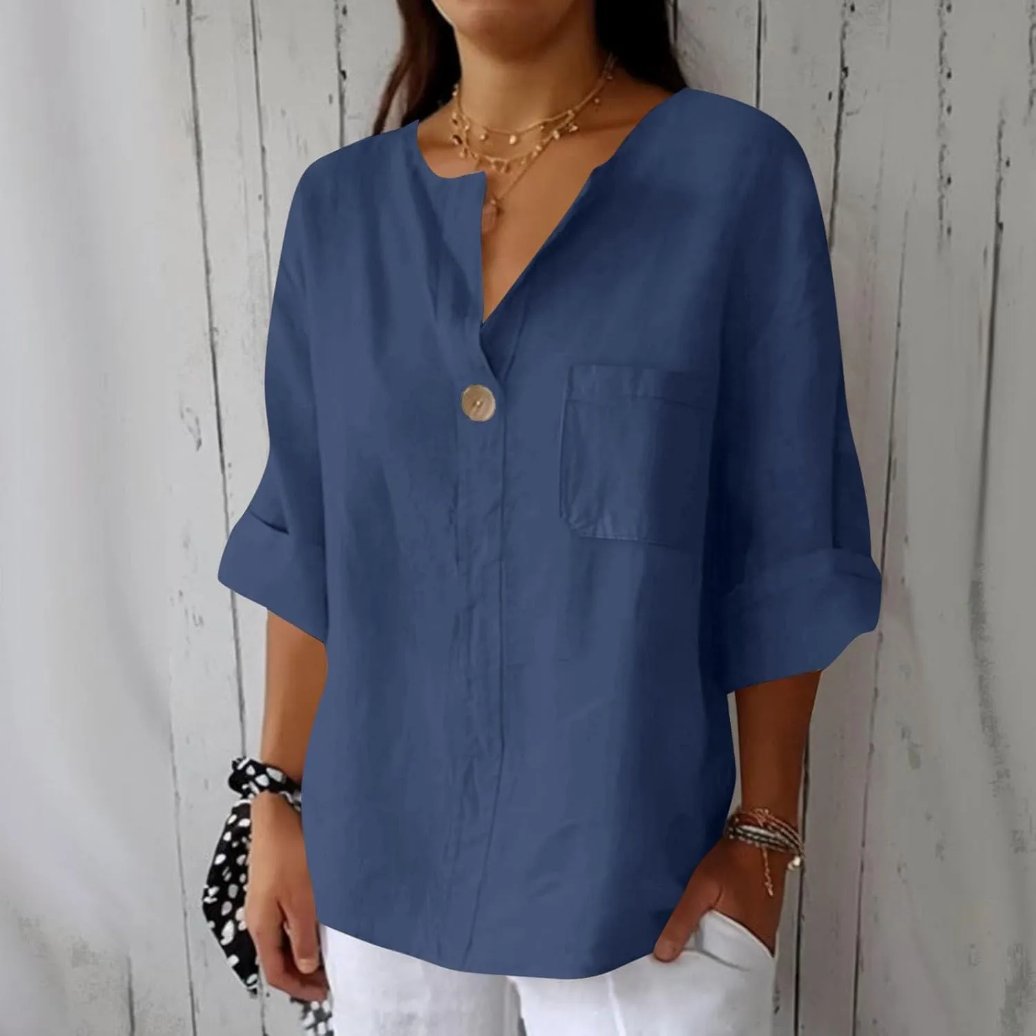 Summer Tops for Women 2025 Short Sleeve Cotton Linen Tops Button Down V Neck T Shirt Casual Loose Fit Tunic Top Blouse