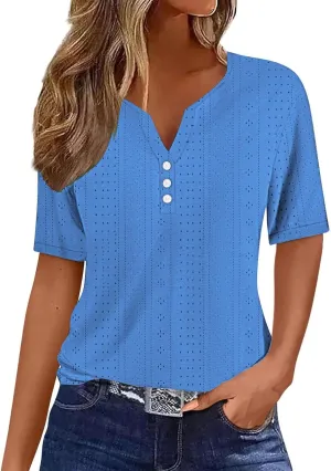 Summer Tops for Women 2025 Trendy Short Sleeve V Neck Eyelet Shirts Dressy Casual Holiday Vacation Tunic Blouses