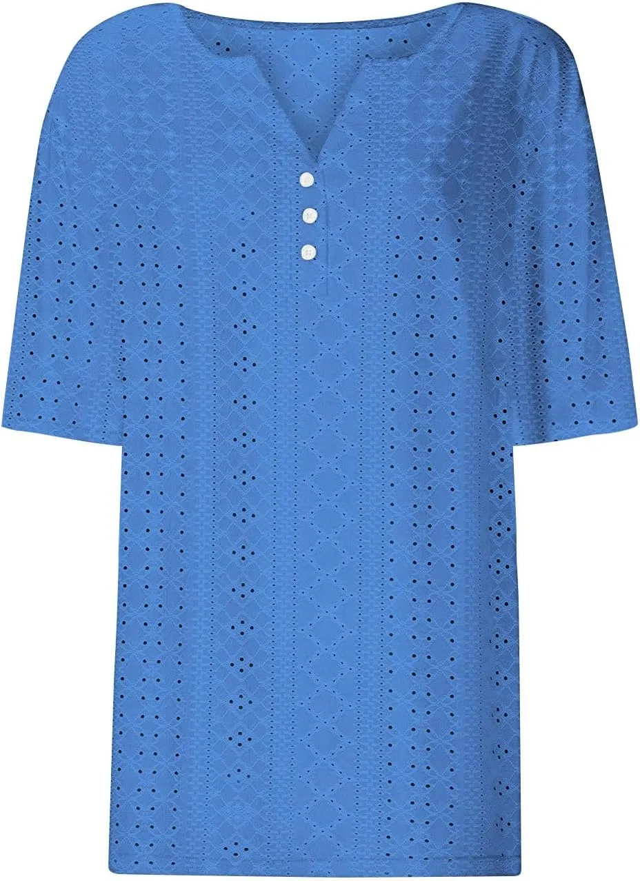 Summer Tops for Women 2025 Trendy Short Sleeve V Neck Eyelet Shirts Dressy Casual Holiday Vacation Tunic Blouses