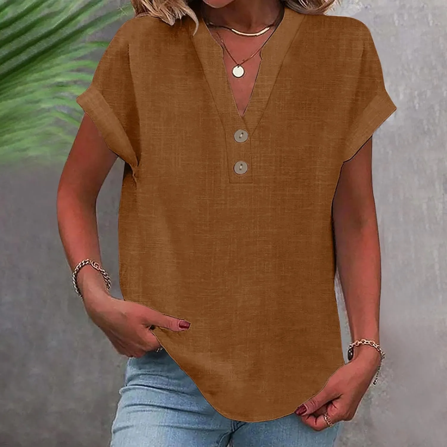 Summer Tops for Women Tunic V Neck Shirt Casual Button T Shirts 2025 Trendy Short Sleeve Cotton Linen Blouses Tees
