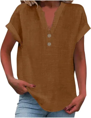 Summer Tops for Women Tunic V Neck Shirt Casual Button T Shirts 2025 Trendy Short Sleeve Cotton Linen Blouses Tees