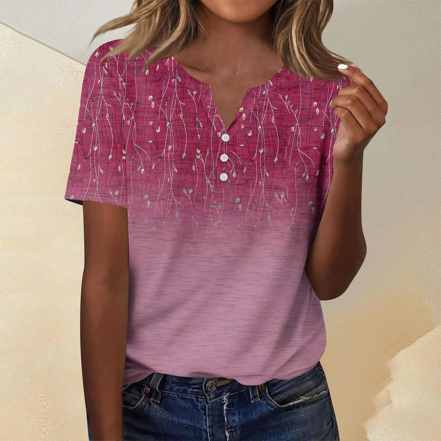 Summer Tshirts Shirts for Women Trendy Button Down V Neck Tunic Tops Dressy Casual Plus Size Basic Floral Blouses