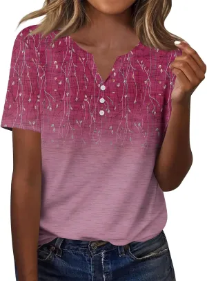 Summer Tshirts Shirts for Women Trendy Button Down V Neck Tunic Tops Dressy Casual Plus Size Basic Floral Blouses