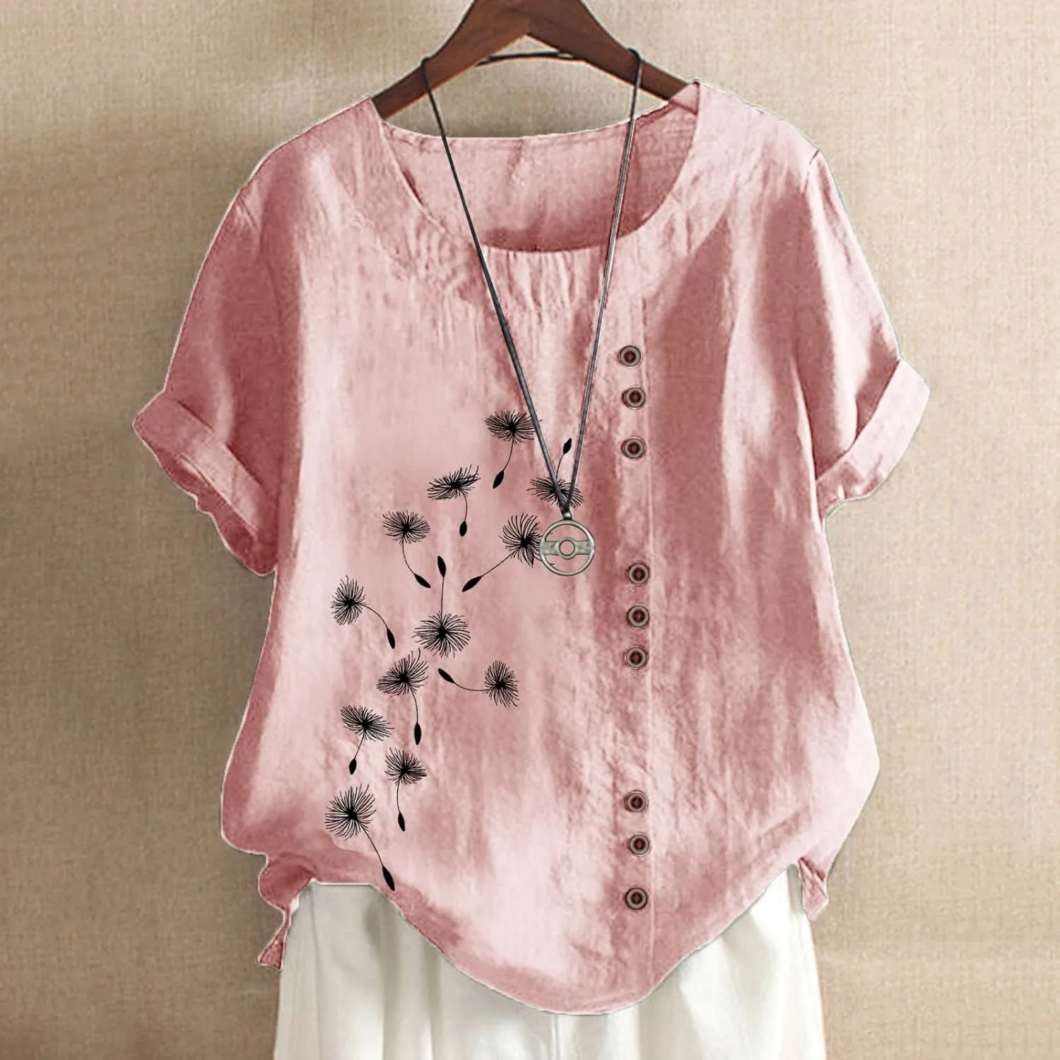 Summer Women Cotton Linen Tshirt Tops Casual Loose Fit Trendy Tunic Tees Short Sleeve Plus Size Button Blouses