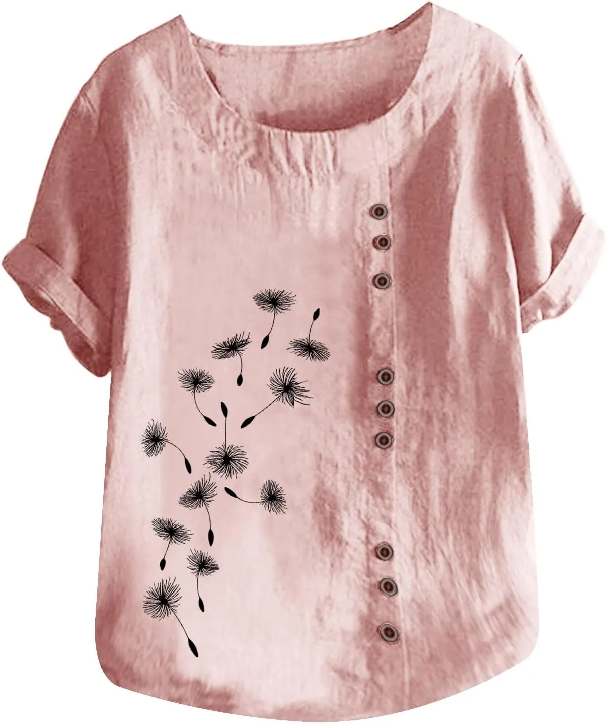 Summer Women Cotton Linen Tshirt Tops Casual Loose Fit Trendy Tunic Tees Short Sleeve Plus Size Button Blouses